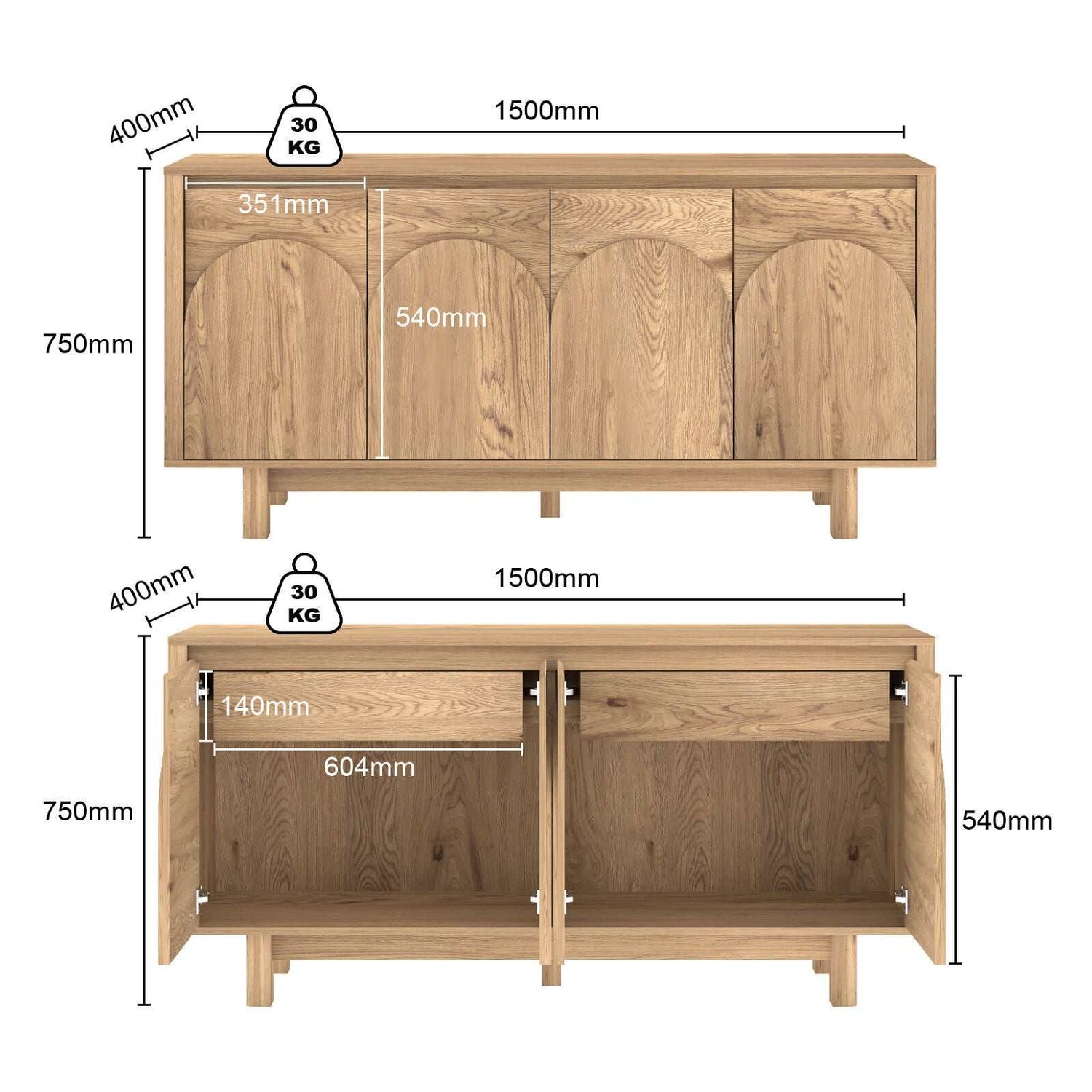 Arched 4 Door Buffet Sideboard Cabinet 150cm Cupboard | Spacious and Stylish Storage Solution