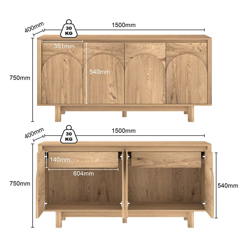 Arched 4 Door Buffet Sideboard Cabinet 150cm Cupboard | Spacious and Stylish Storage Solution