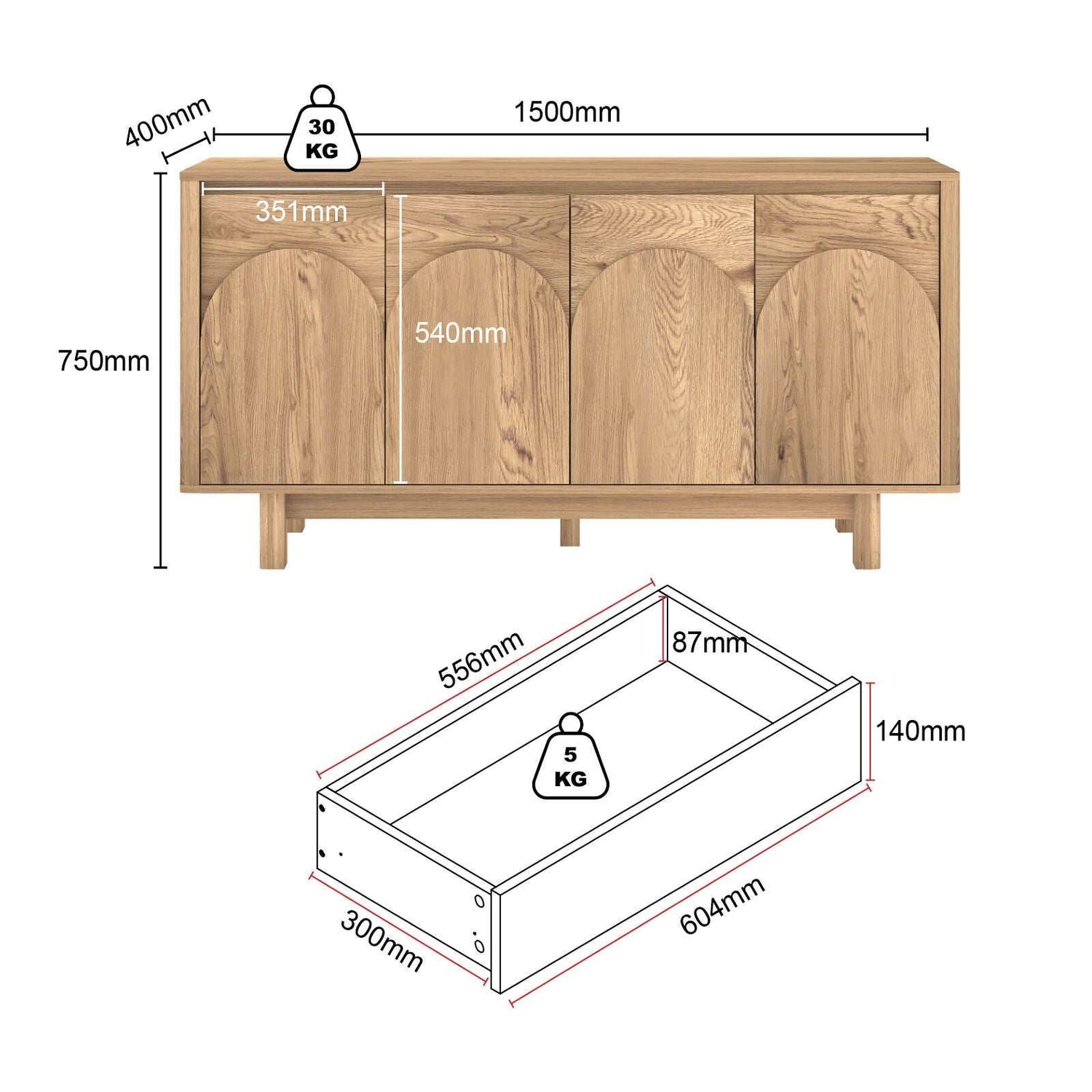 Arched 4 Door Buffet Sideboard Cabinet 150cm Cupboard | Spacious and Stylish Storage Solution