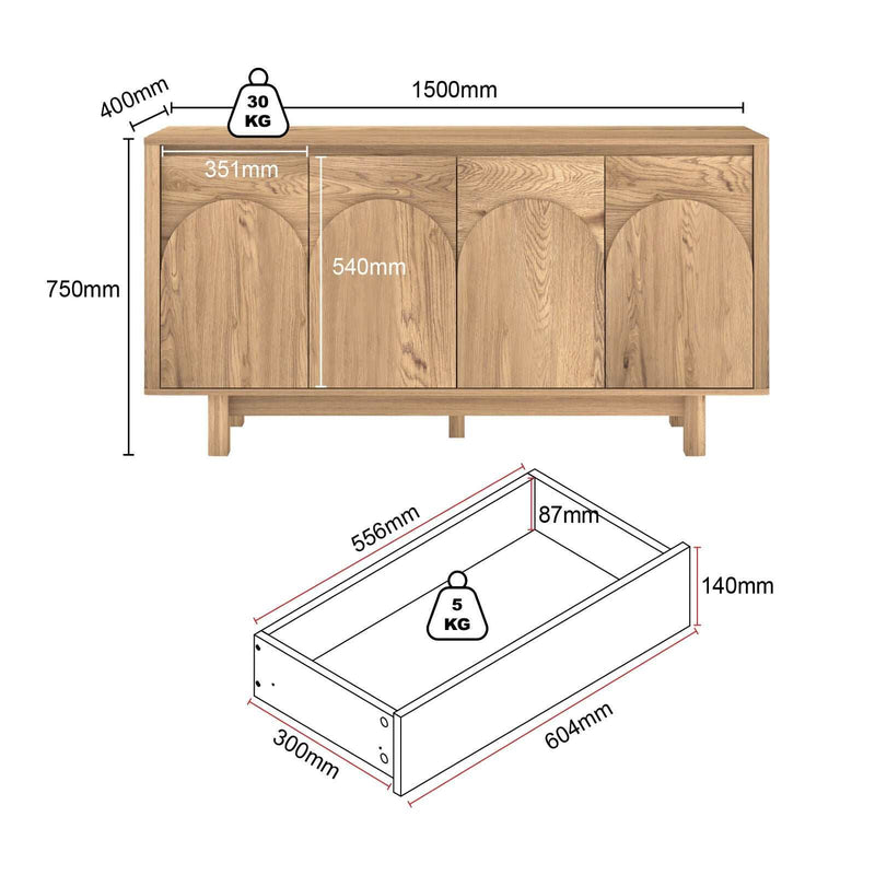 Arched 4 Door Buffet Sideboard Cabinet 150cm Cupboard | Spacious and Stylish Storage Solution