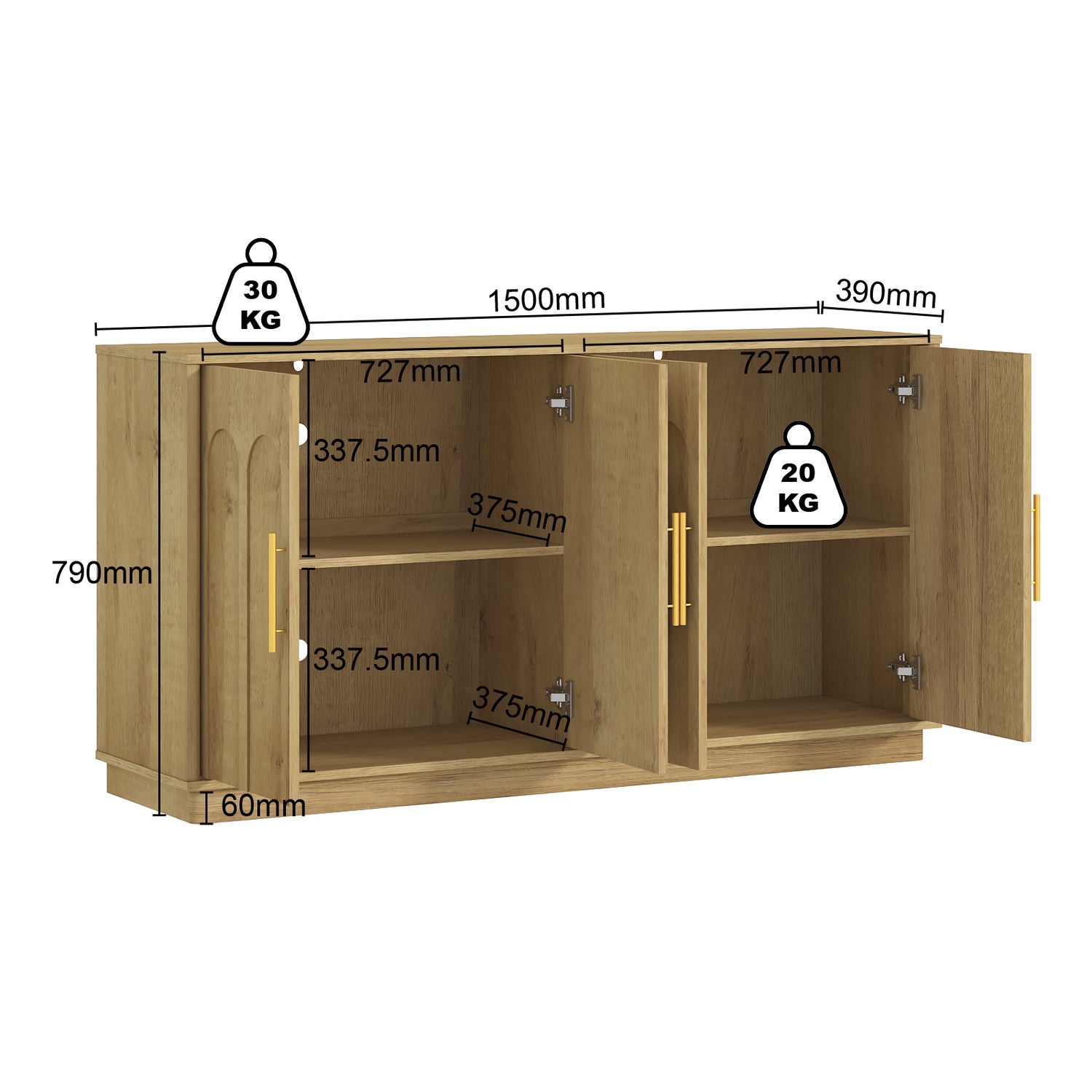 Opera Oak 4 Door Buffet Sideboard