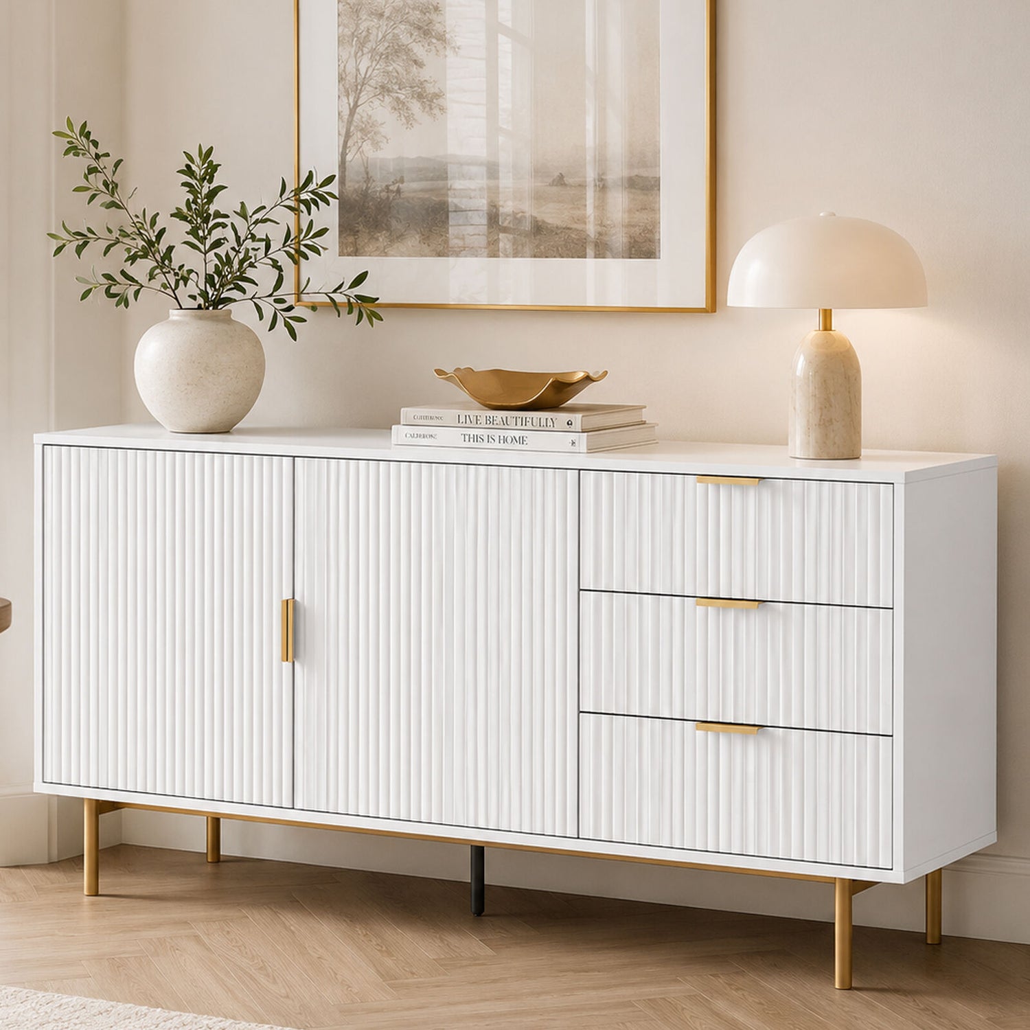 SIENA Fluted Buffet Sideboard- White Storage Cabinet with Gold Accents