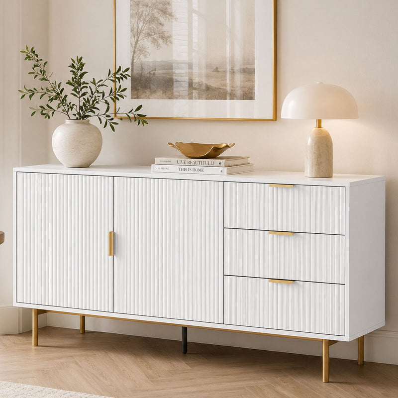 SIENA Fluted Buffet Sideboard- White Storage Cabinet with Gold Accents