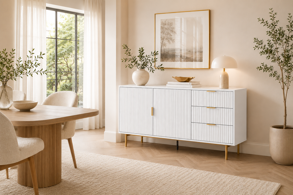 SIENA Fluted Buffet Sideboard- White Storage Cabinet with Gold Accents
