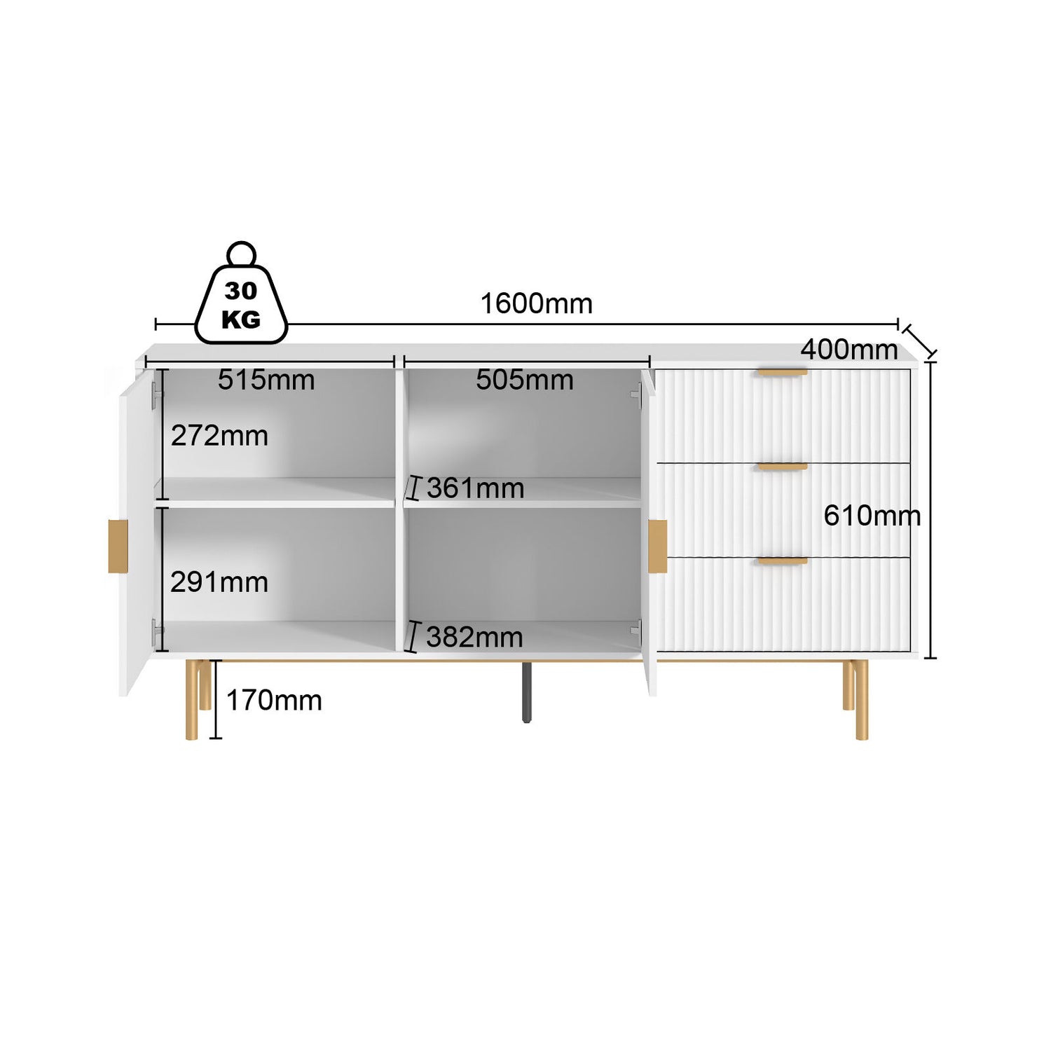 SIENA Fluted Buffet Sideboard- White Storage Cabinet with Gold Accents