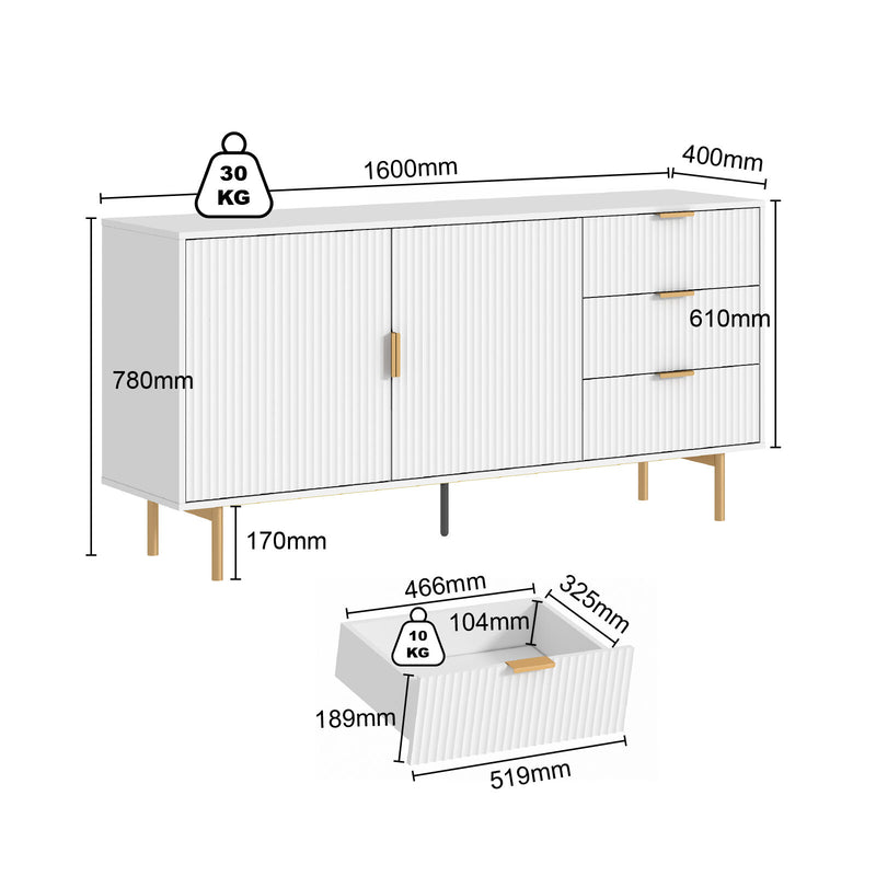 SIENA Fluted Buffet Sideboard- White Storage Cabinet with Gold Accents