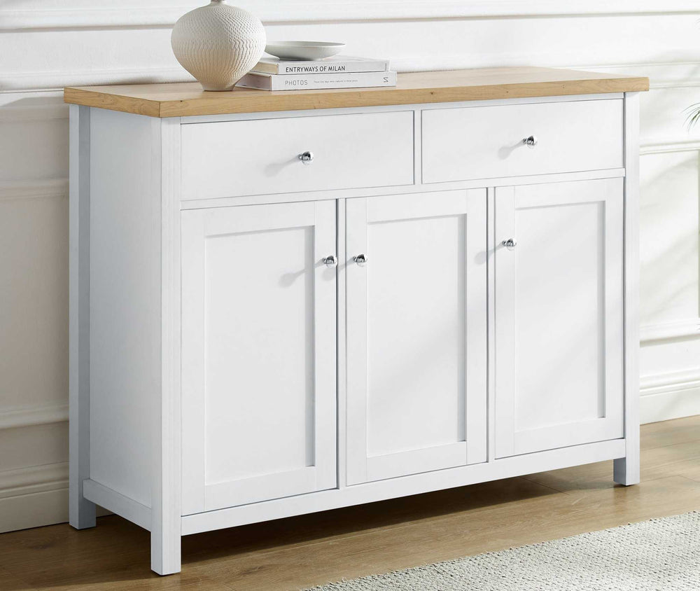 Large sideboard storage cabinet with white base and wooden top, featuring chrome knobs and spacious drawers and cupboards