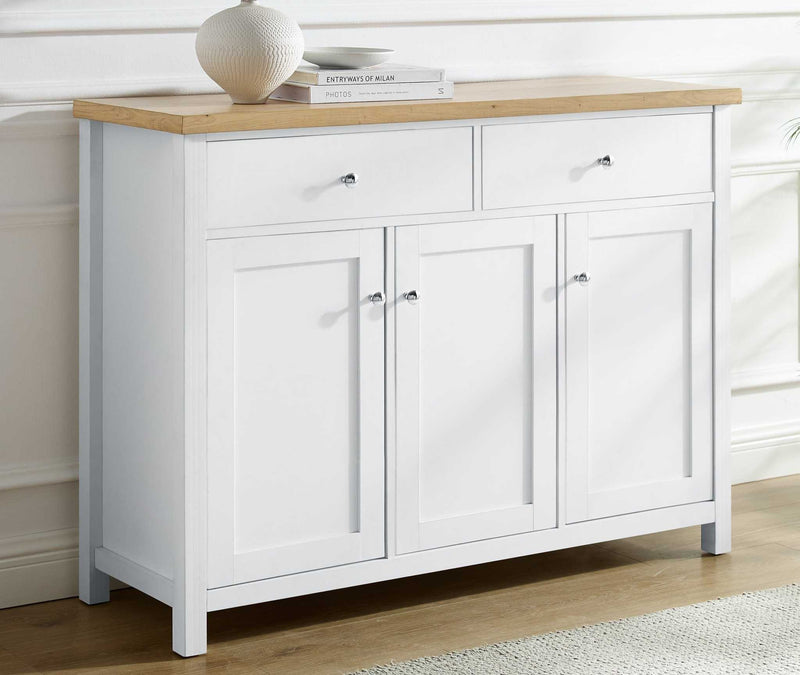 Large sideboard storage cabinet with white base and wooden top, featuring chrome knobs and spacious drawers and cupboards