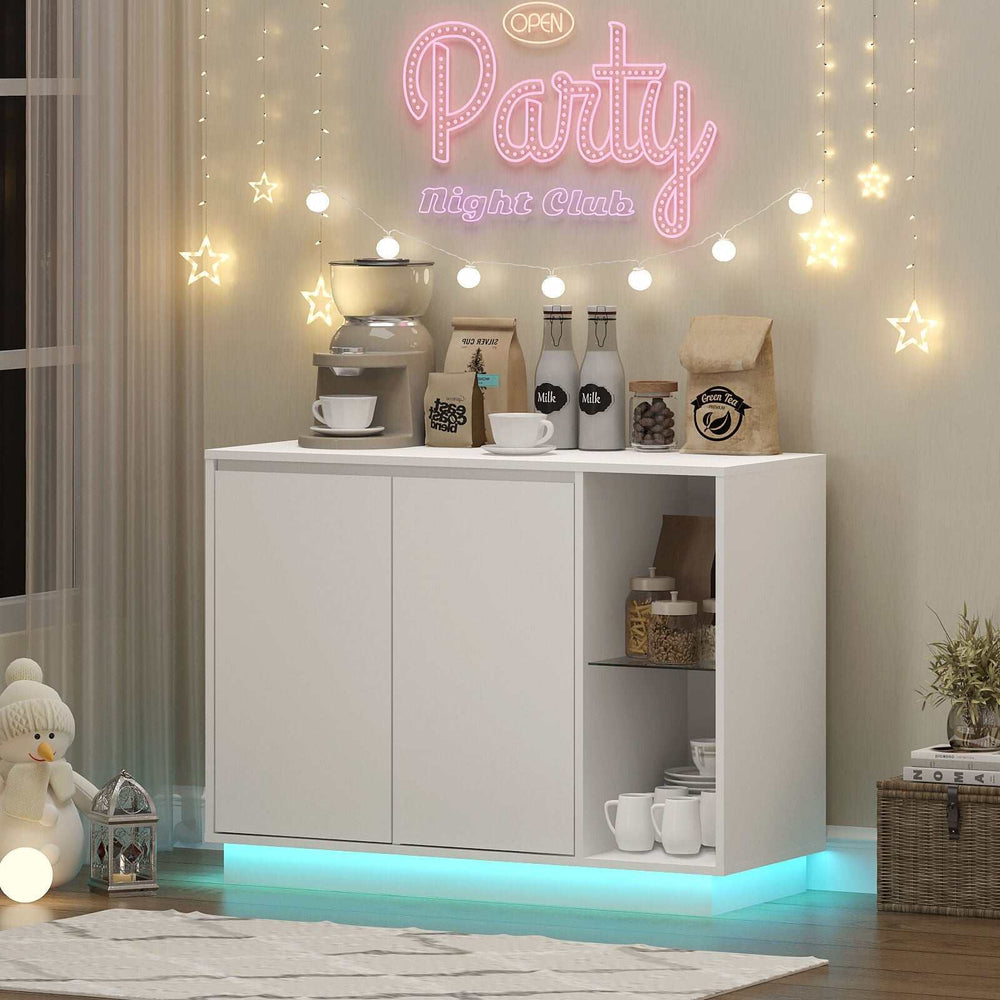 White sideboard buffet with LED lights in stylish living room setting.