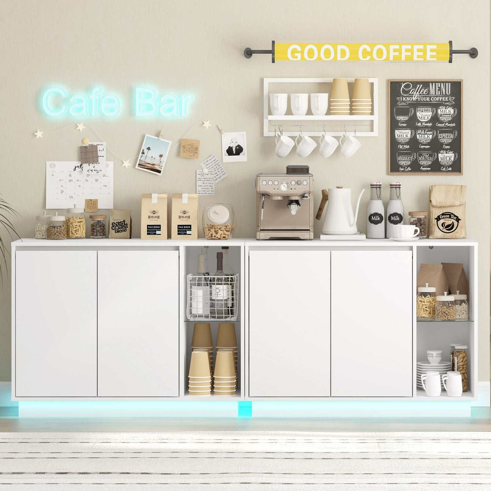 White sideboard buffet set with LED lights; modern kitchen storage cabinet with shelves, minimalist design.