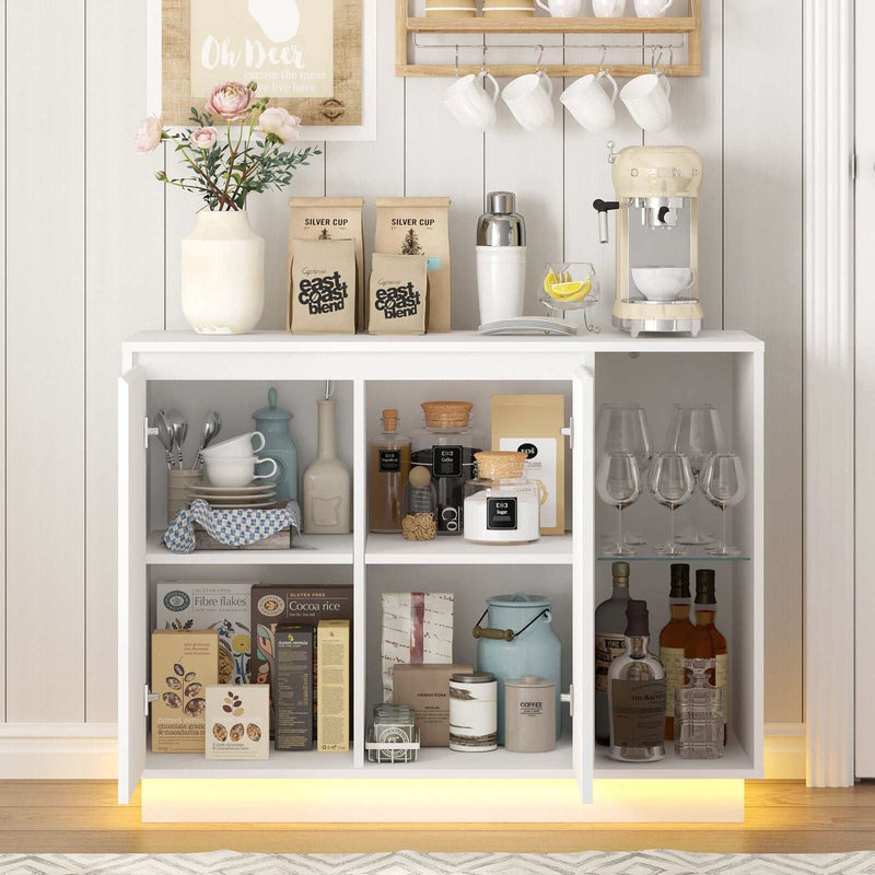 White Sideboard Buffet with LED Lights Storage Cabinet Cupboard Set of 2 Living Room