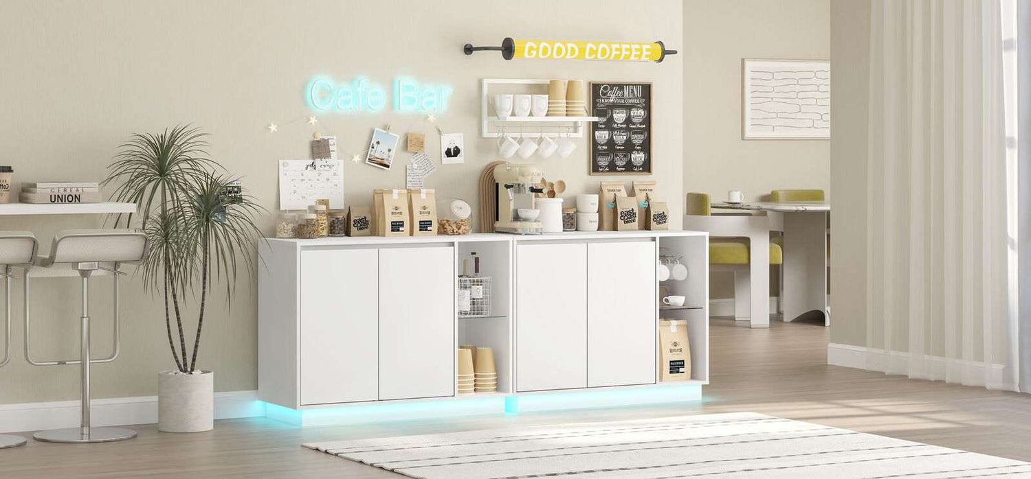White Sideboard Buffet with LED Lights Storage Cabinet Cupboard Set of 2 Living Room