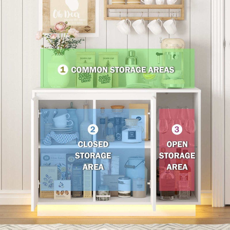 White Sideboard Buffet with LED Lights Storage Cabinet Cupboard Set of 2 Living Room