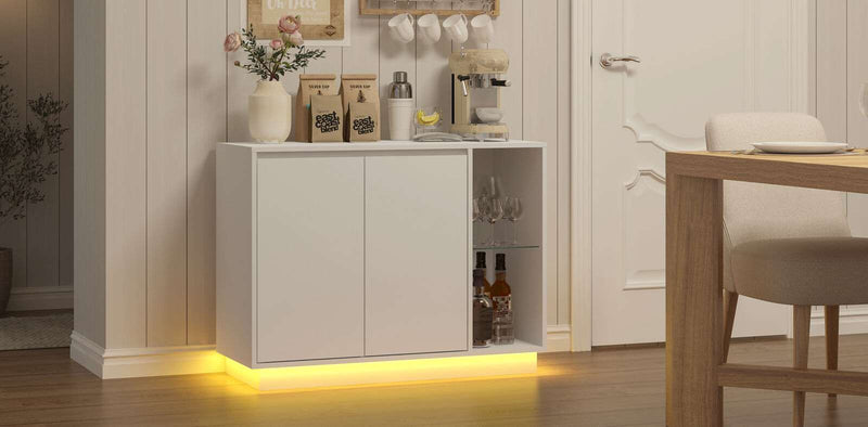 White Sideboard Buffet with LED Lights Storage Cabinet Cupboard Set of 2 Living Room