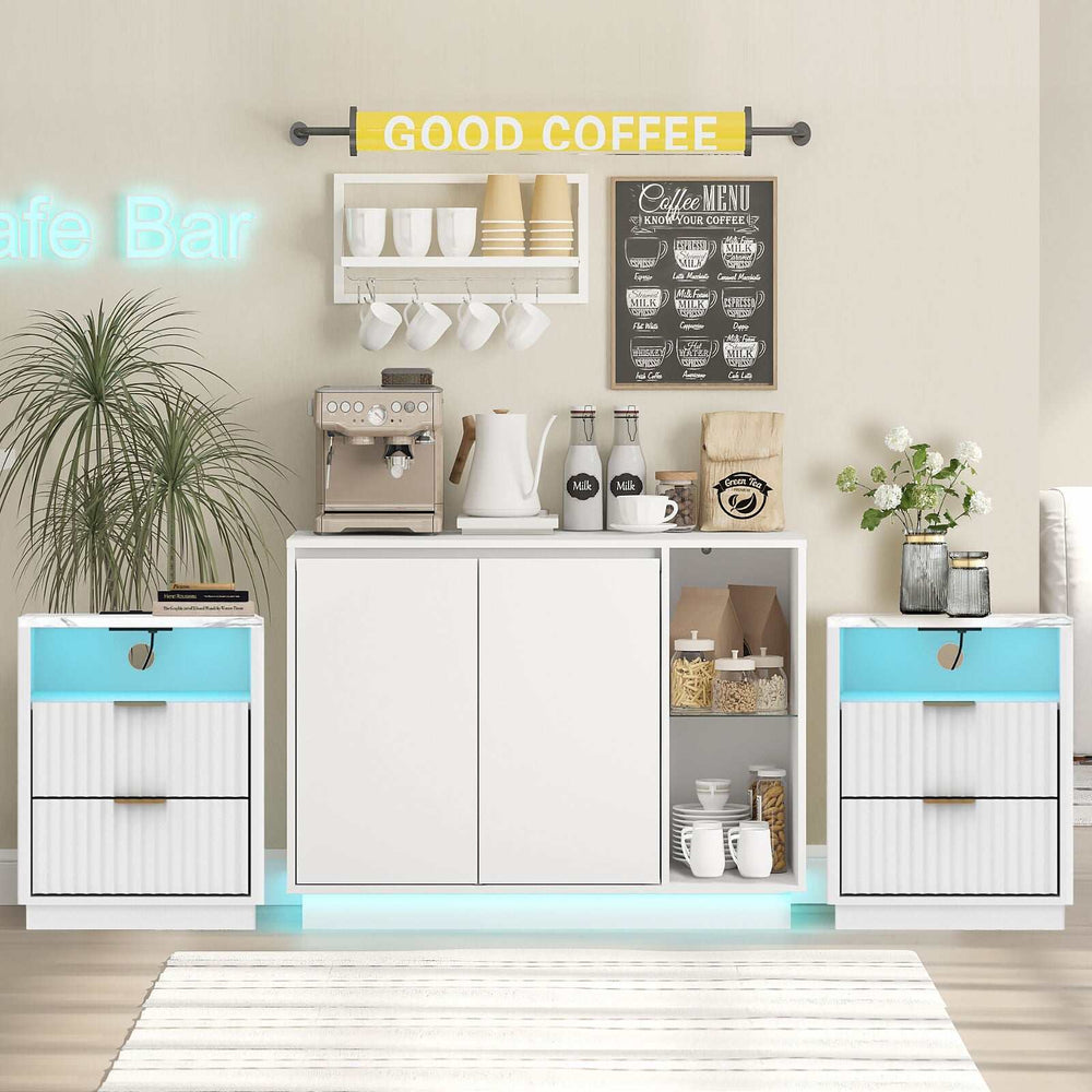 White sideboard buffet with LED lighting, two side tables featuring charging stations, and elegant white finish, enhancing modern home decor.