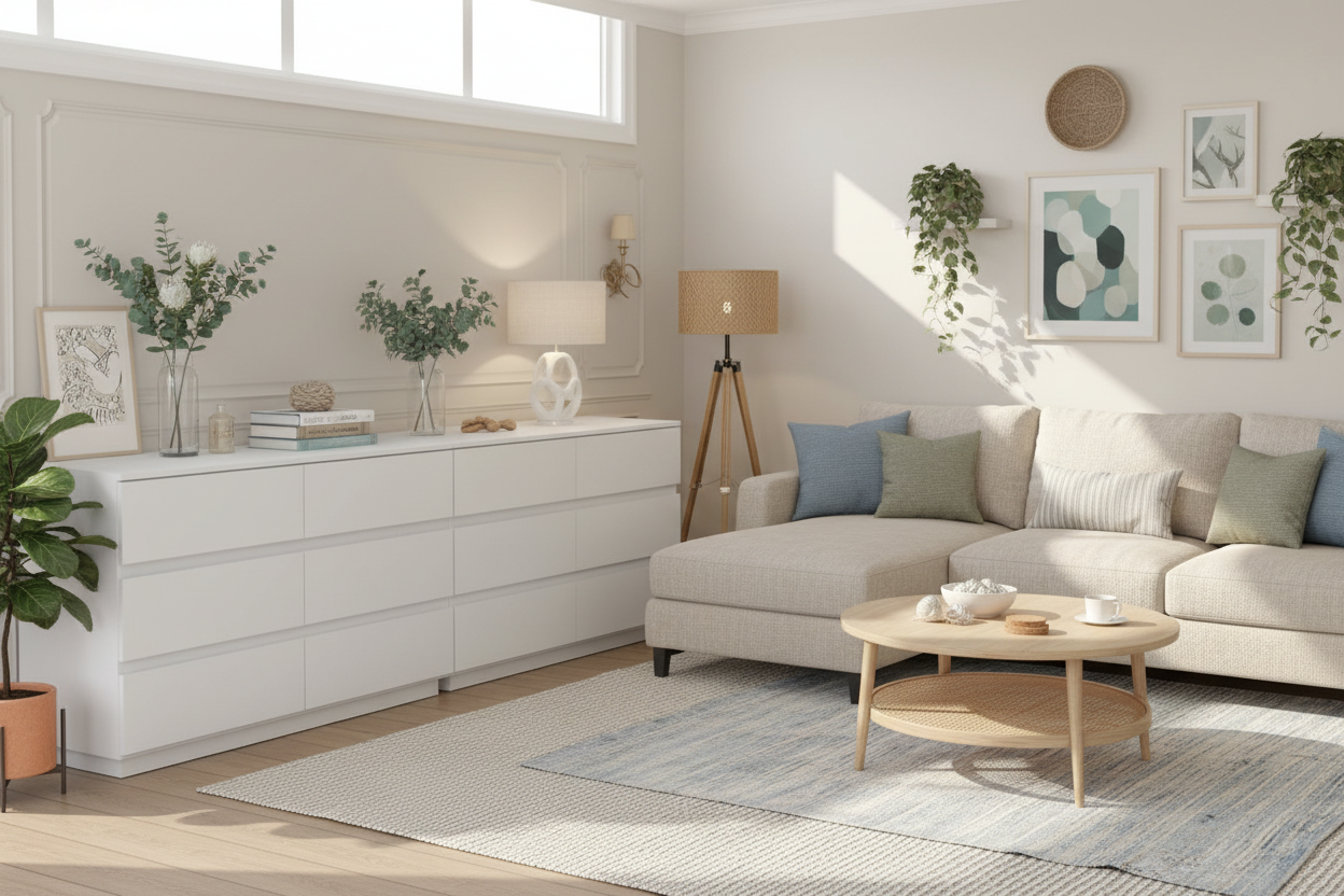 12-drawer white dresser in alternative lounge room setting