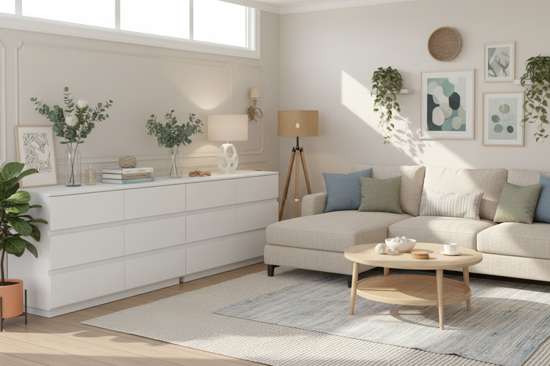 12-drawer white dresser in alternative lounge room setting