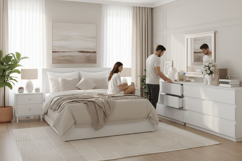 12-drawer white dresser in bedroom with couple