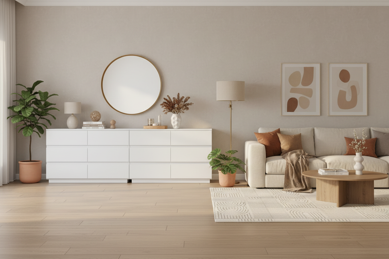 12-drawer white dresser in luxurious lounge setting