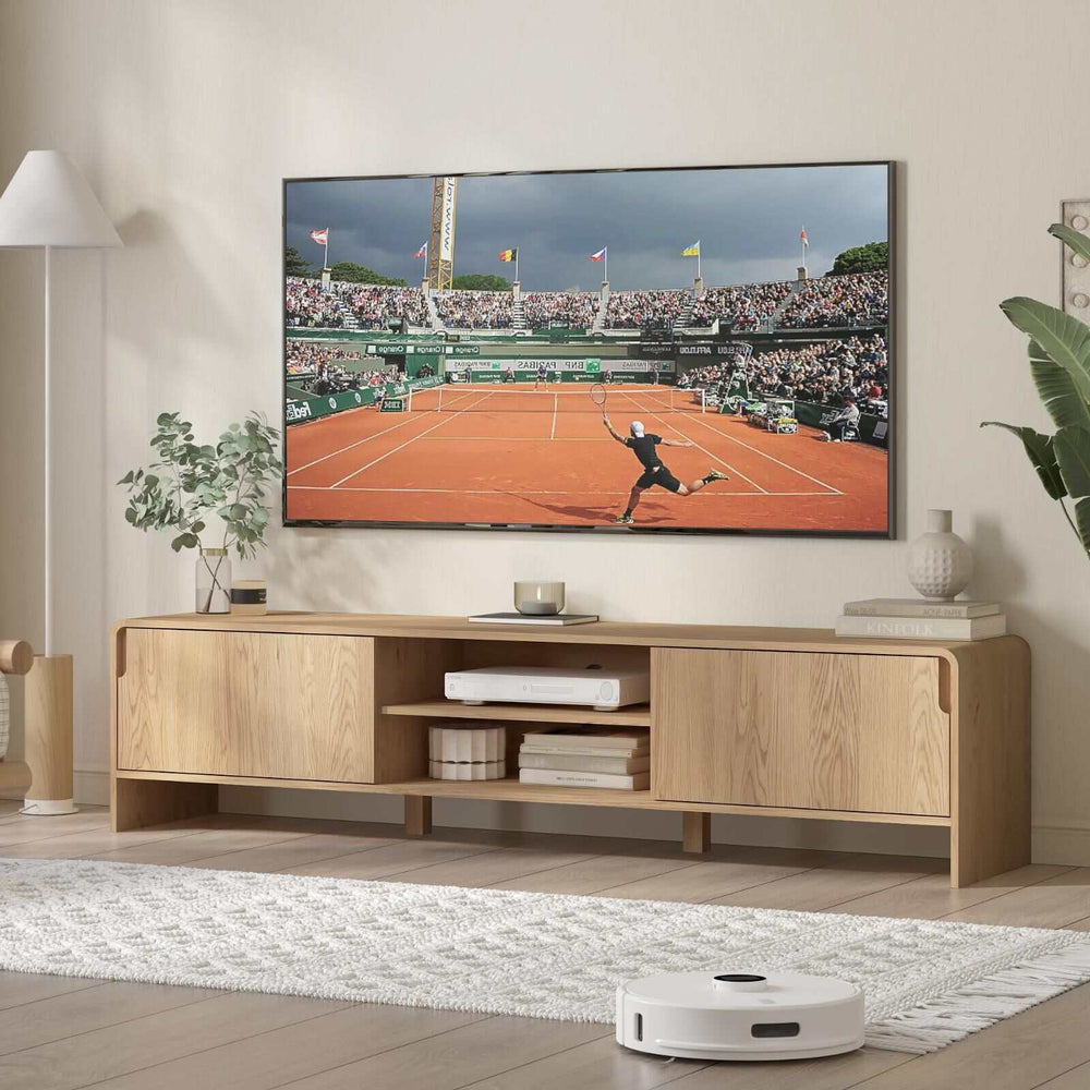 Modern 180CM TV entertainment unit with natural woodgrain finish, featuring two doors and open shelves for media storage in living room.