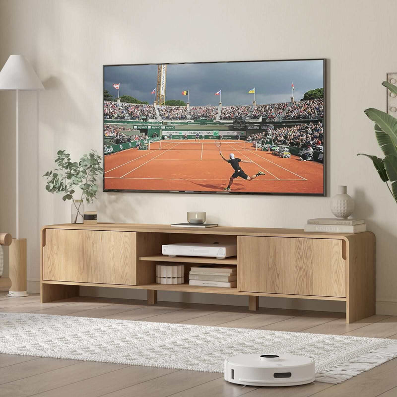 Modern 180CM TV entertainment unit with natural woodgrain finish, featuring two doors and open shelves for media storage in living room.