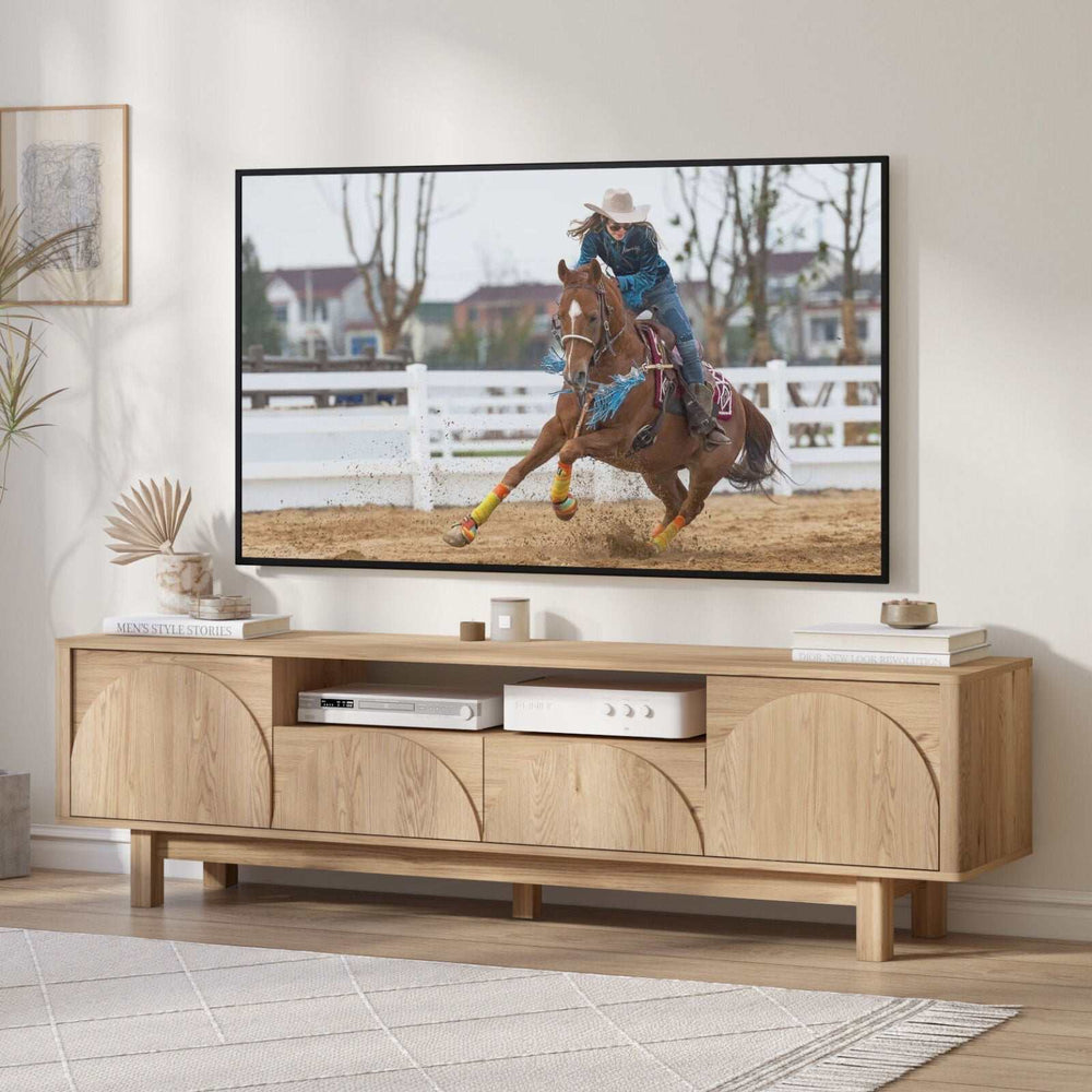 TV Entertainment Unit with Arched Doors and Drawers, 180cm Width, Natural Wood Grain Finish, Sleek Design.