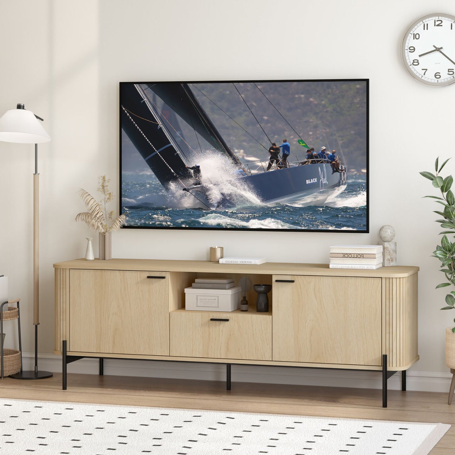 Fluted TV Entertainment Unit in natural oak with sleek finish and grooved-texture, 160cm width, suitable for bedroom and living room.