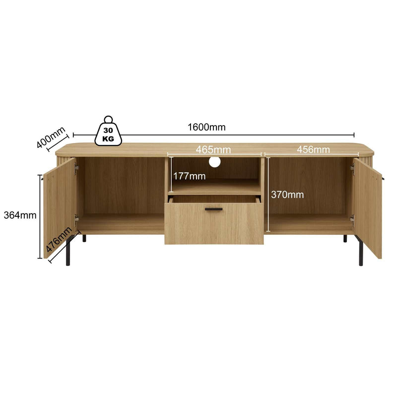 Fluted TV Entertainment Unit | 160CM Fluted TV Cabinet TV Unit for Bedroom & Living Room Natural Oak