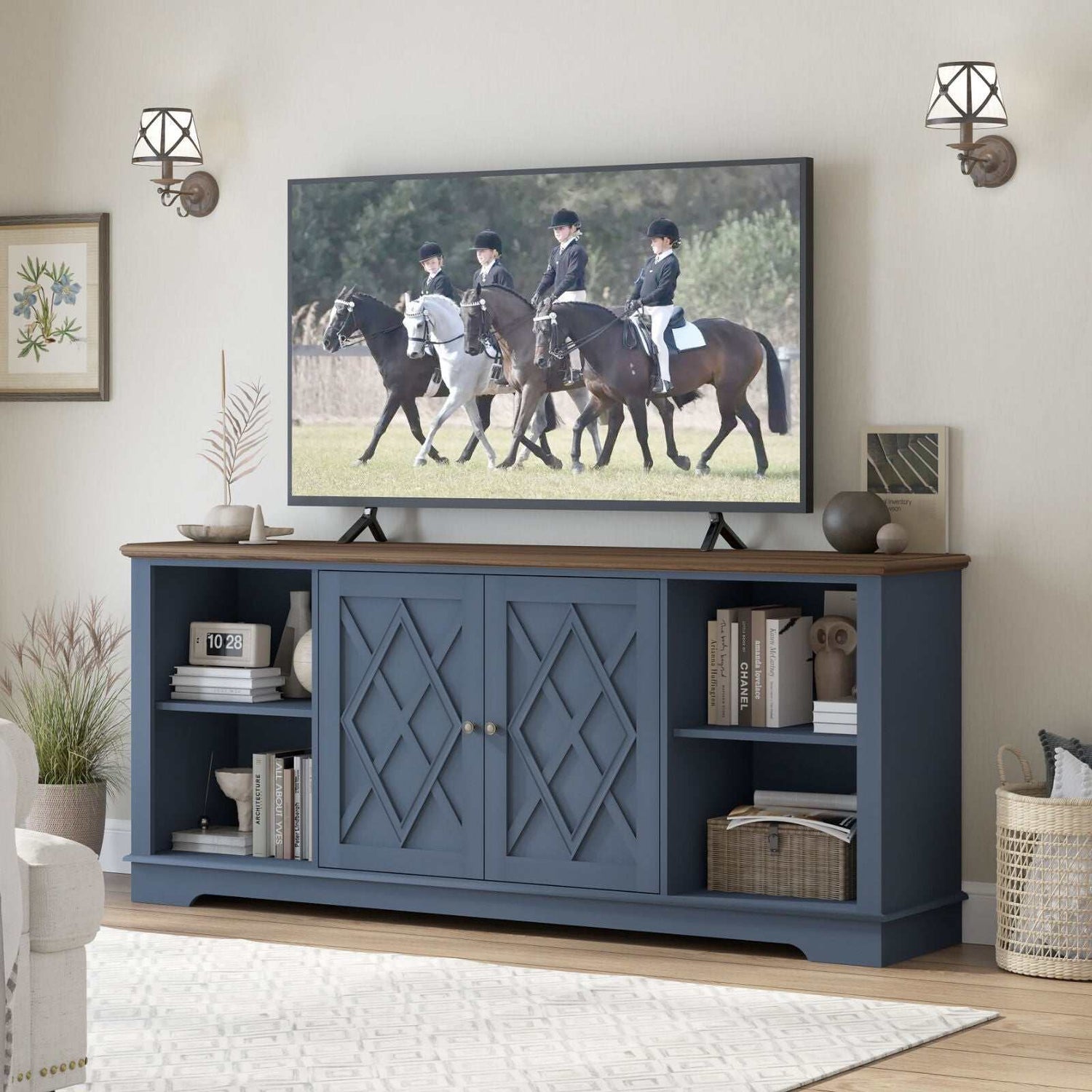 Blue TV entertainment unit with two doors, open shelves, in navy and walnut oak, designed for TVs up to 80 inches.