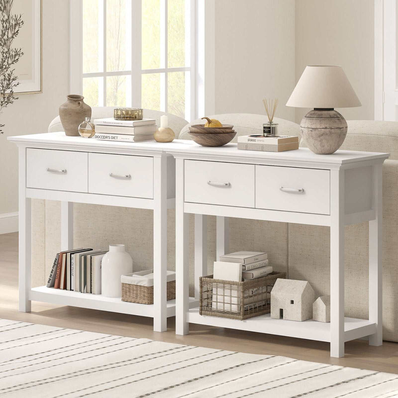 Ashford Console Table in white with two drawers and open shelf, ideal for hallway or living room.