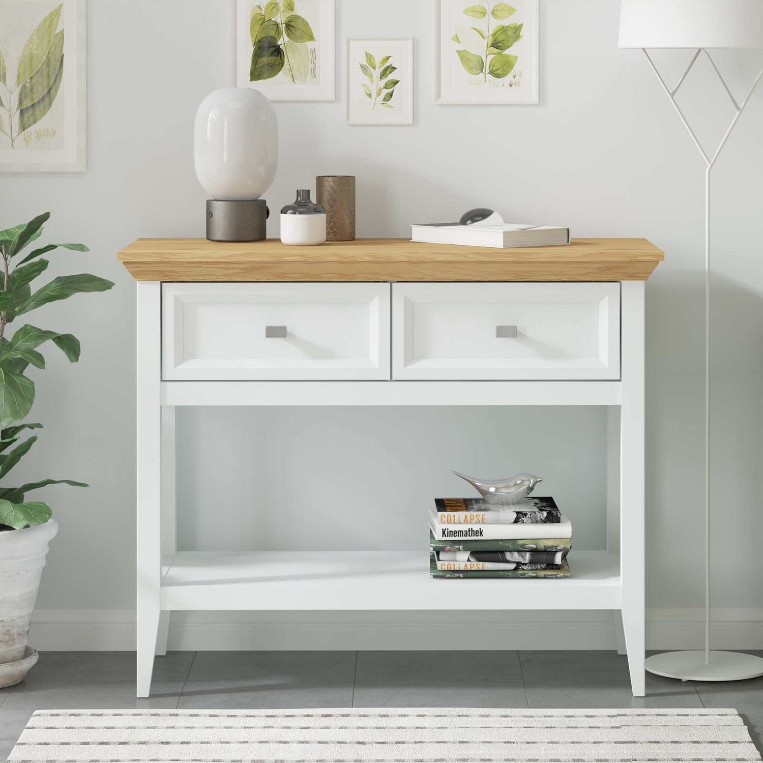 White console table with two drawers, open shelf, wooden tabletop, and sleek design; ideal for entryway or living room.