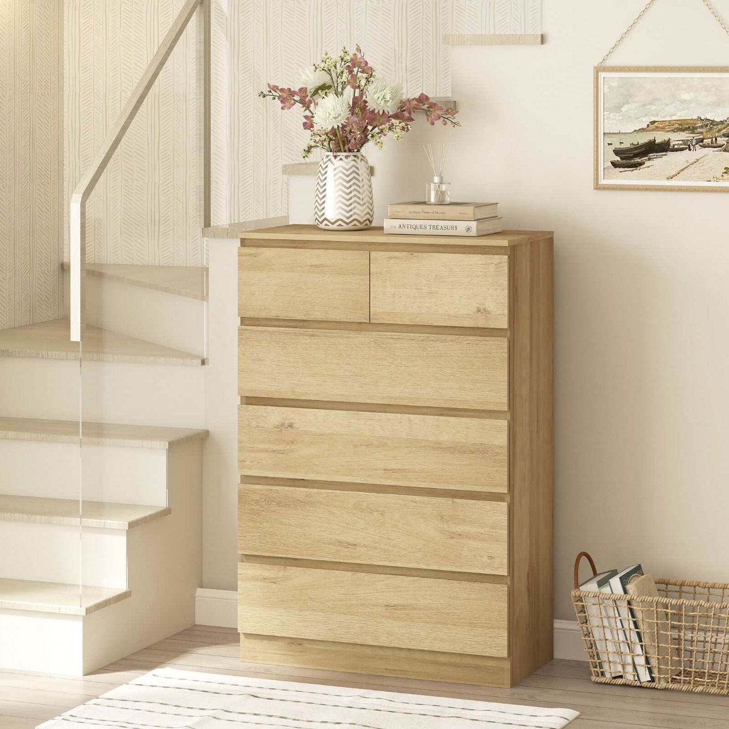 Light Oak 6 Drawers Chest of Drawers Tallboy Dresser Stylish & Space - Saving Storage Solution