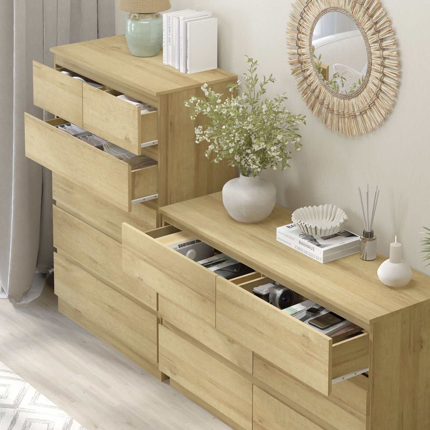 Light Oak 12 Drawers Chest of Drawers Tallboy Dresser | Space-Saving Storage Solution