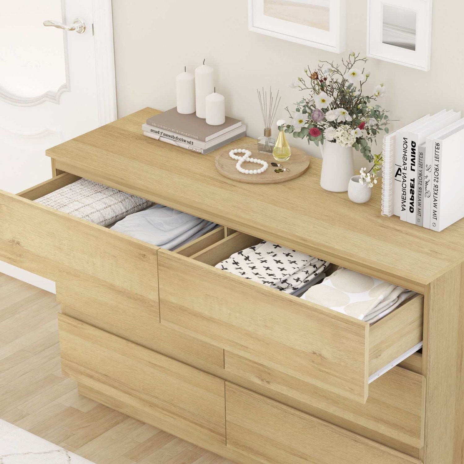 Light Oak 12 Drawers Chest of Drawers Tallboy Dresser | Space-Saving Storage Solution