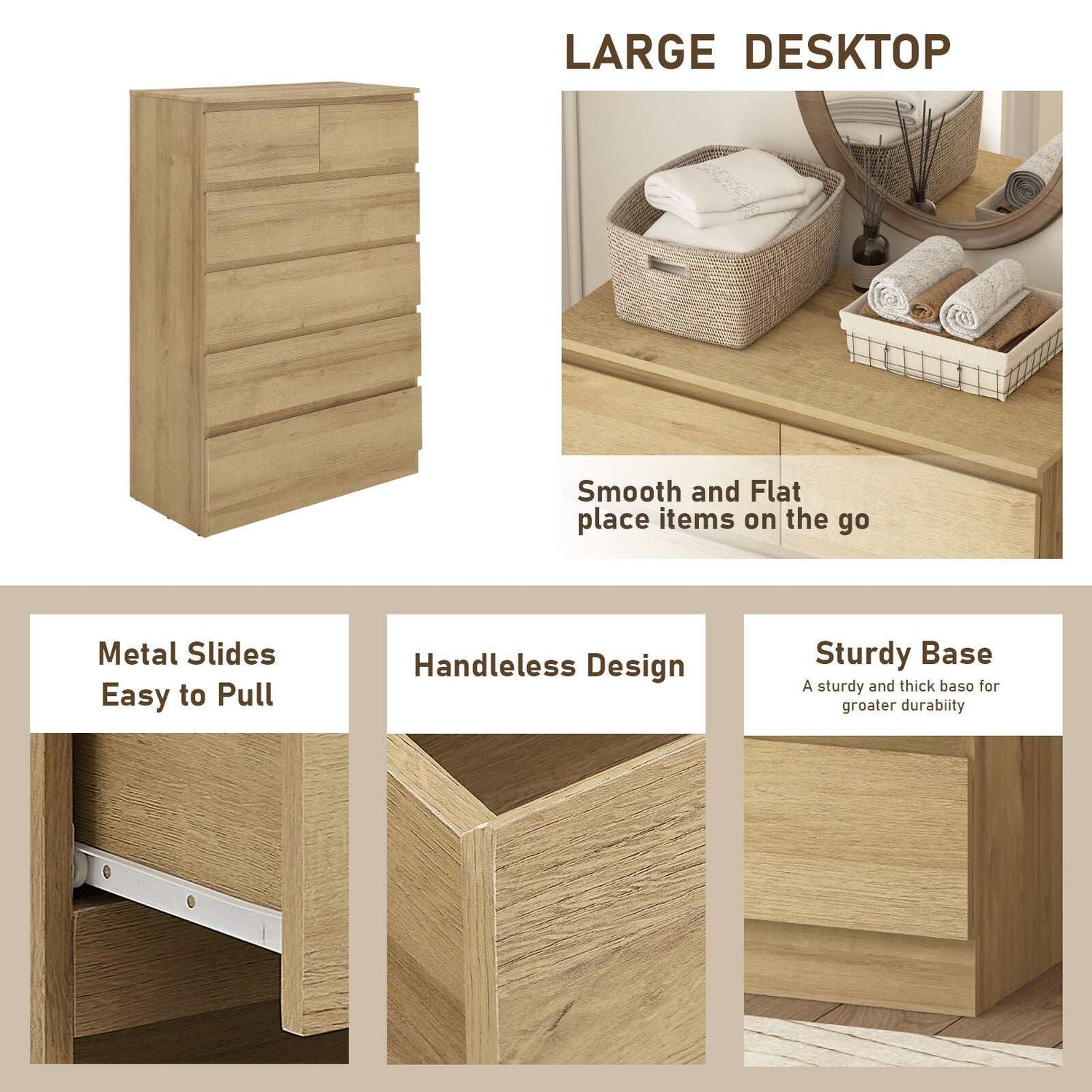 Light Oak 6 Drawers Chest of Drawers Tallboy Dresser Stylish & Space - Saving Storage Solution
