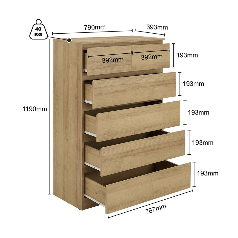 Light Oak 6 Drawers Chest of Drawers Tallboy Dresser Stylish & Space - Saving Storage Solution