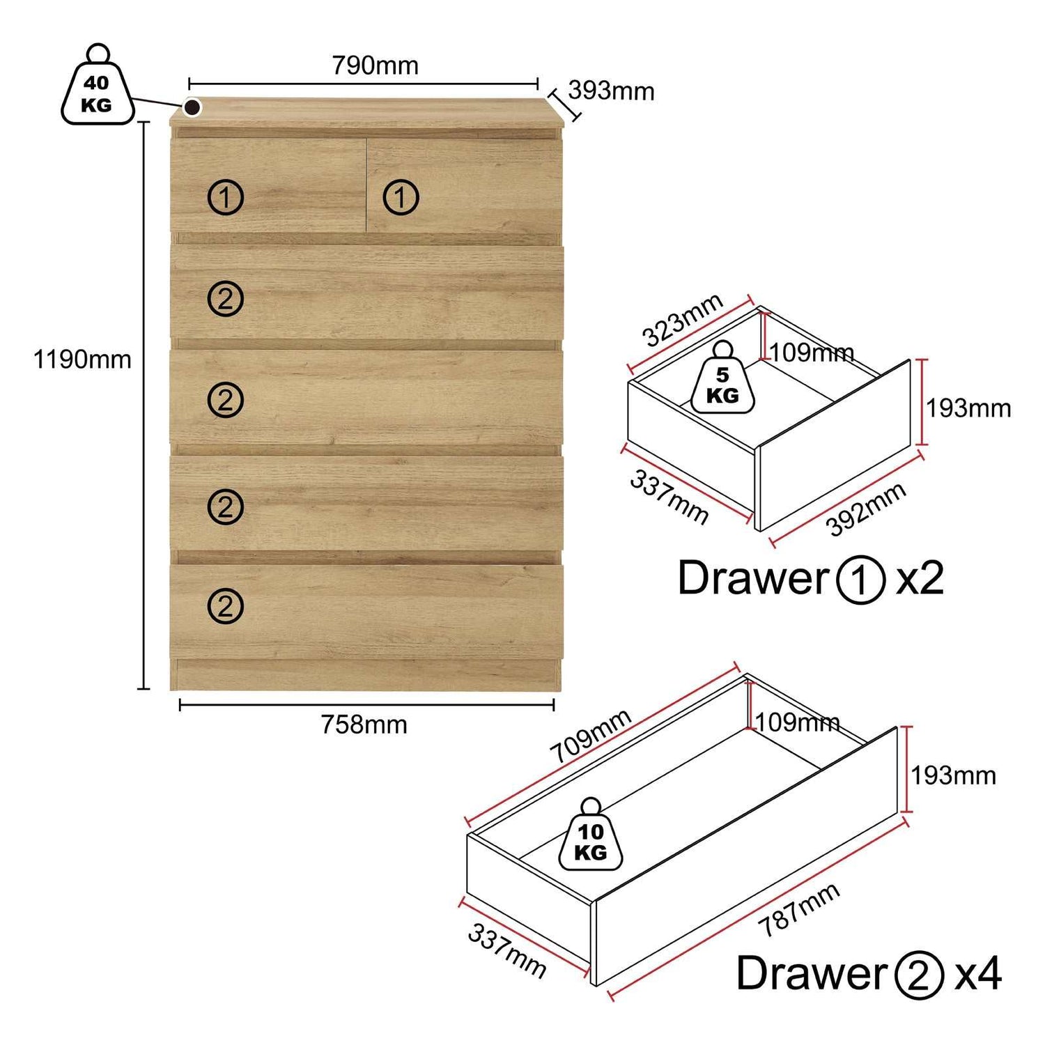 Light Oak 6 Drawers Chest of Drawers Tallboy Dresser Stylish & Space - Saving Storage Solution
