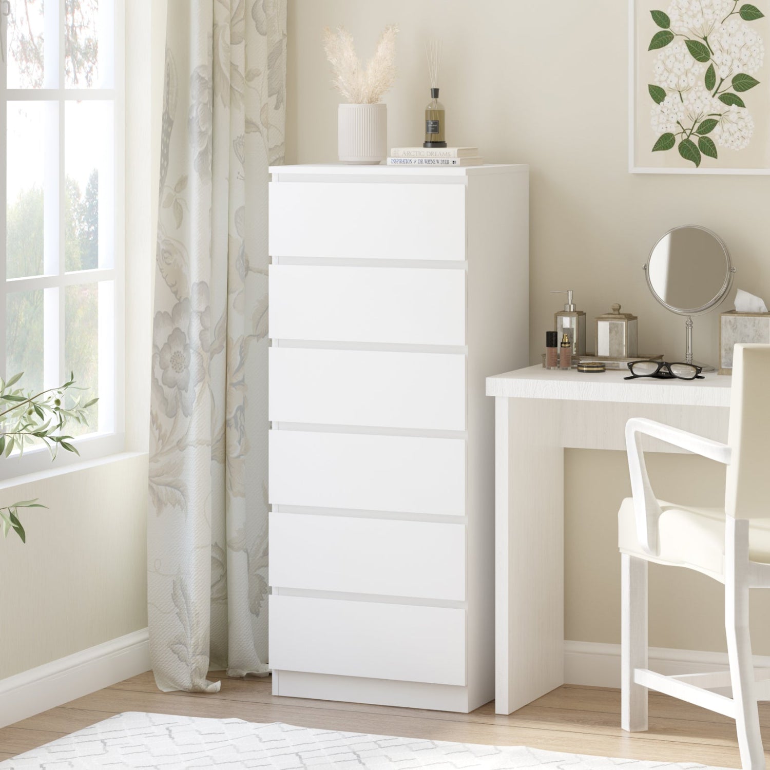 Minimalist white dresser with six drawers, handle-free design, ideal for bedroom storage.