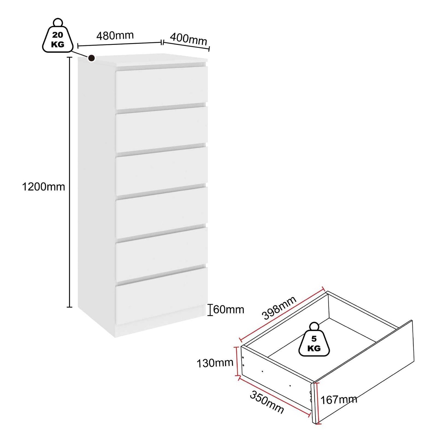 White Dresser 6 Chest of Drawers Dresser | Minimalist Storage for Bedroom