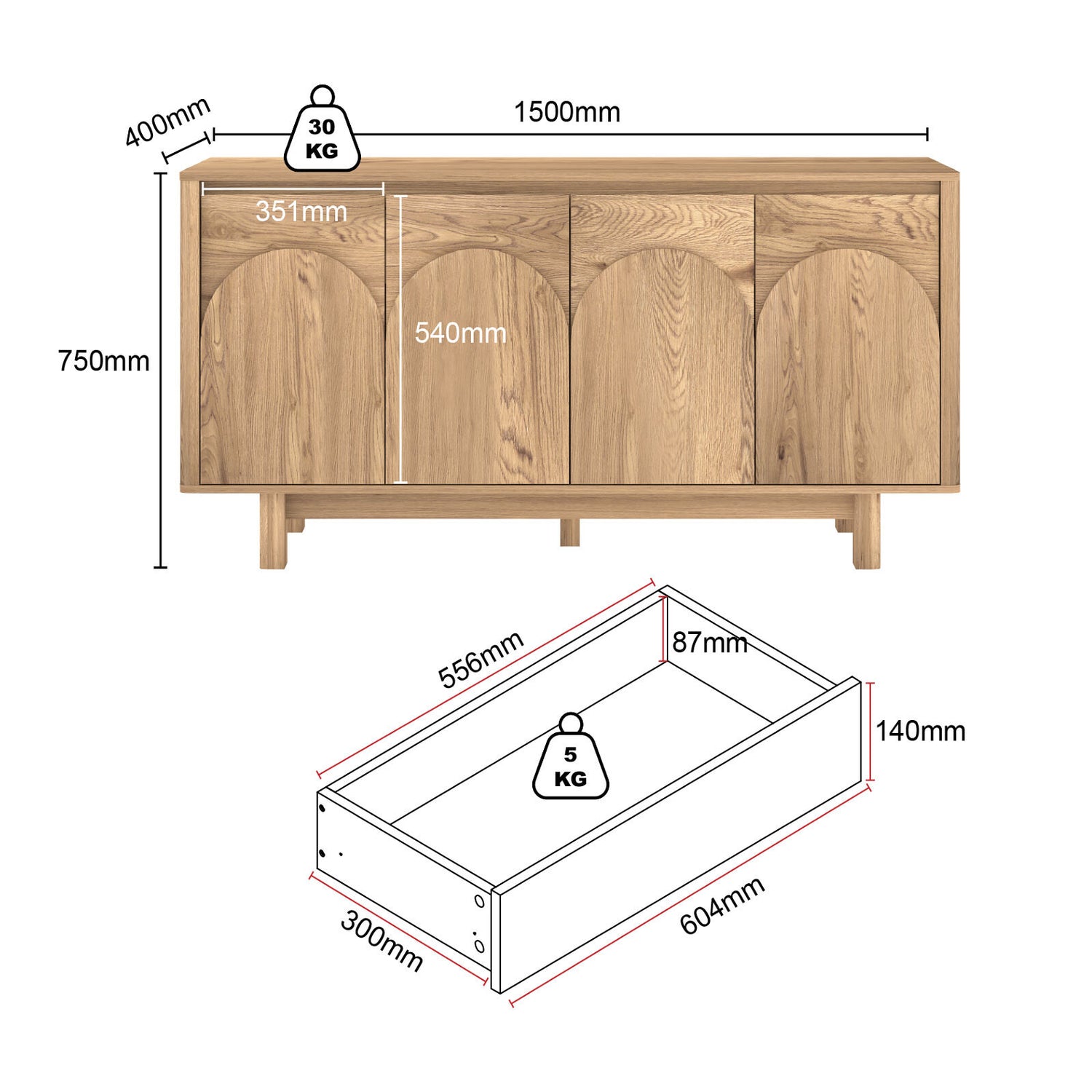 Eden Arched Tallboy and Buffet Sideboard Cabinet Bundle | Spacious Storage Solution