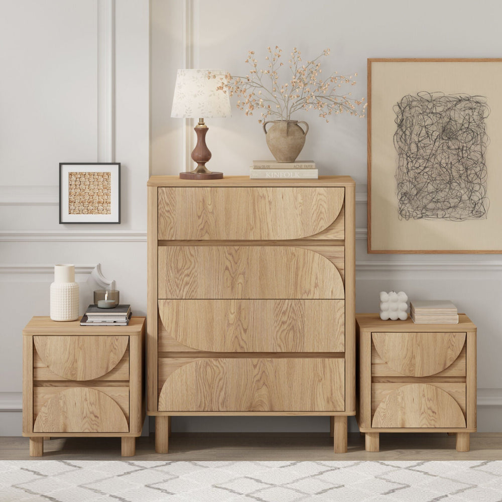 Arched 4 chest of drawers dresser with two bedside tables, mid-century modern style, in a contemporary bedroom setting.