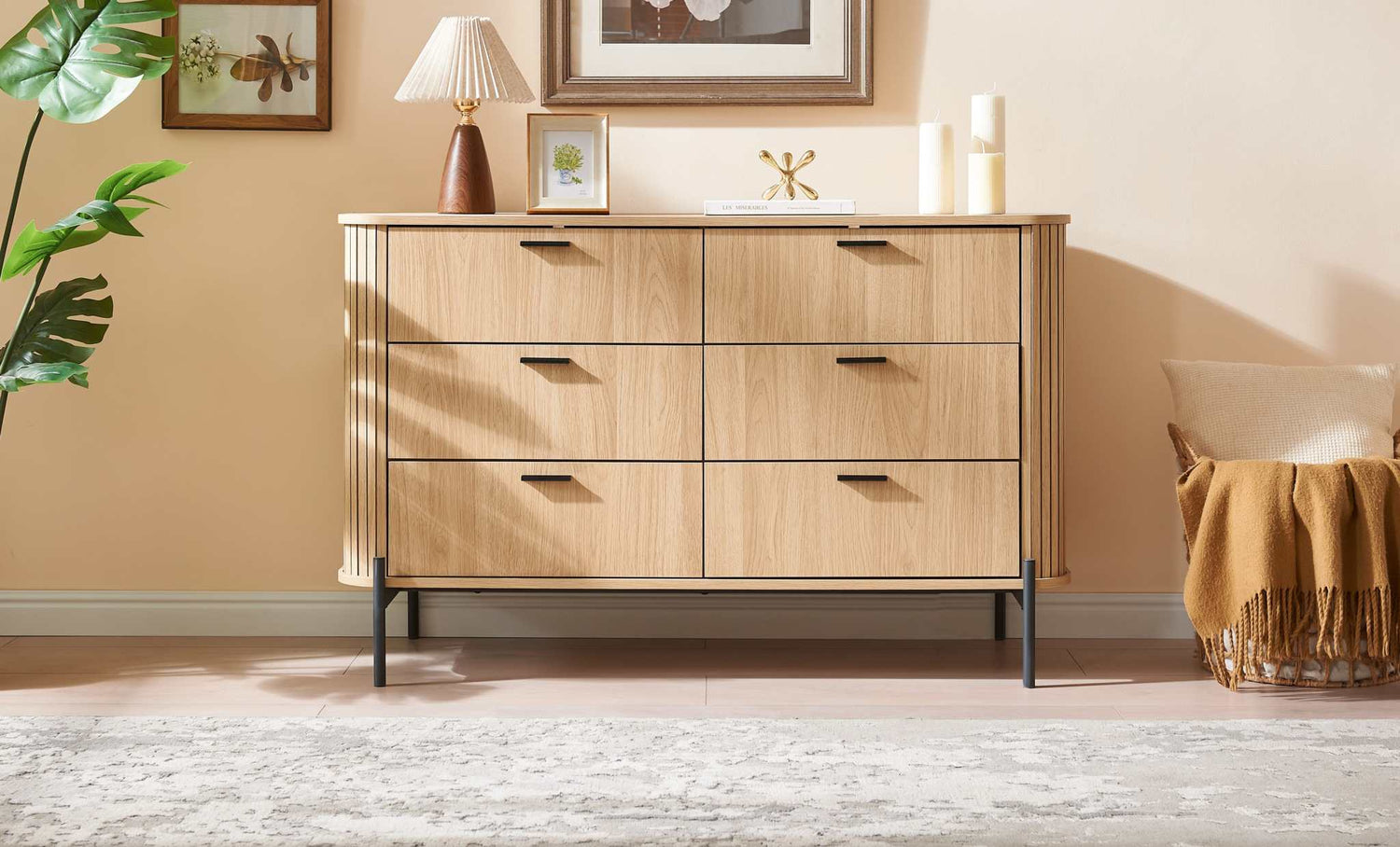 Fluted tambour panel 6 drawer wooden chest of drawers with black iron handles in modern bedroom setting