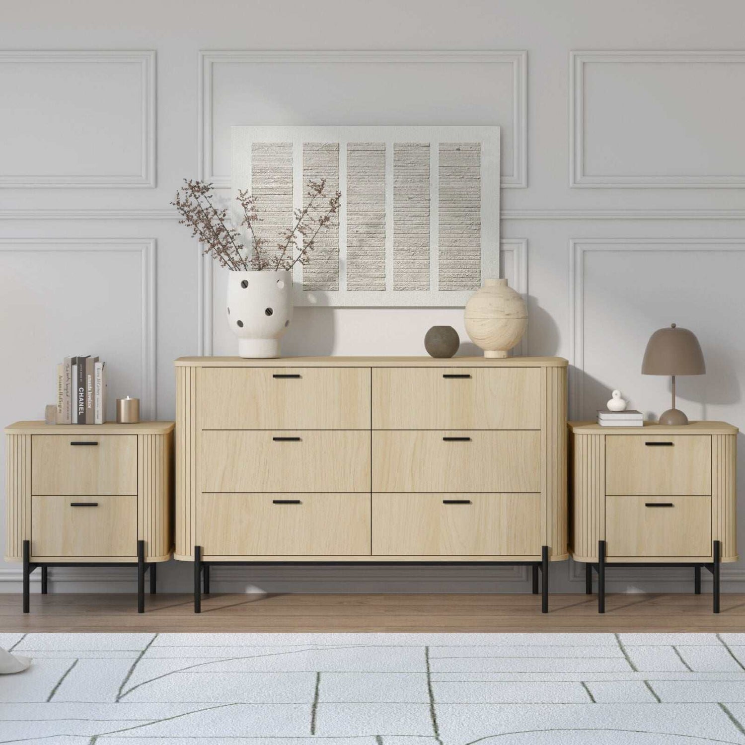 Fluted 6 drawer chest of drawers dresser with 2 bedside tables in stylish modern bedroom setup.
