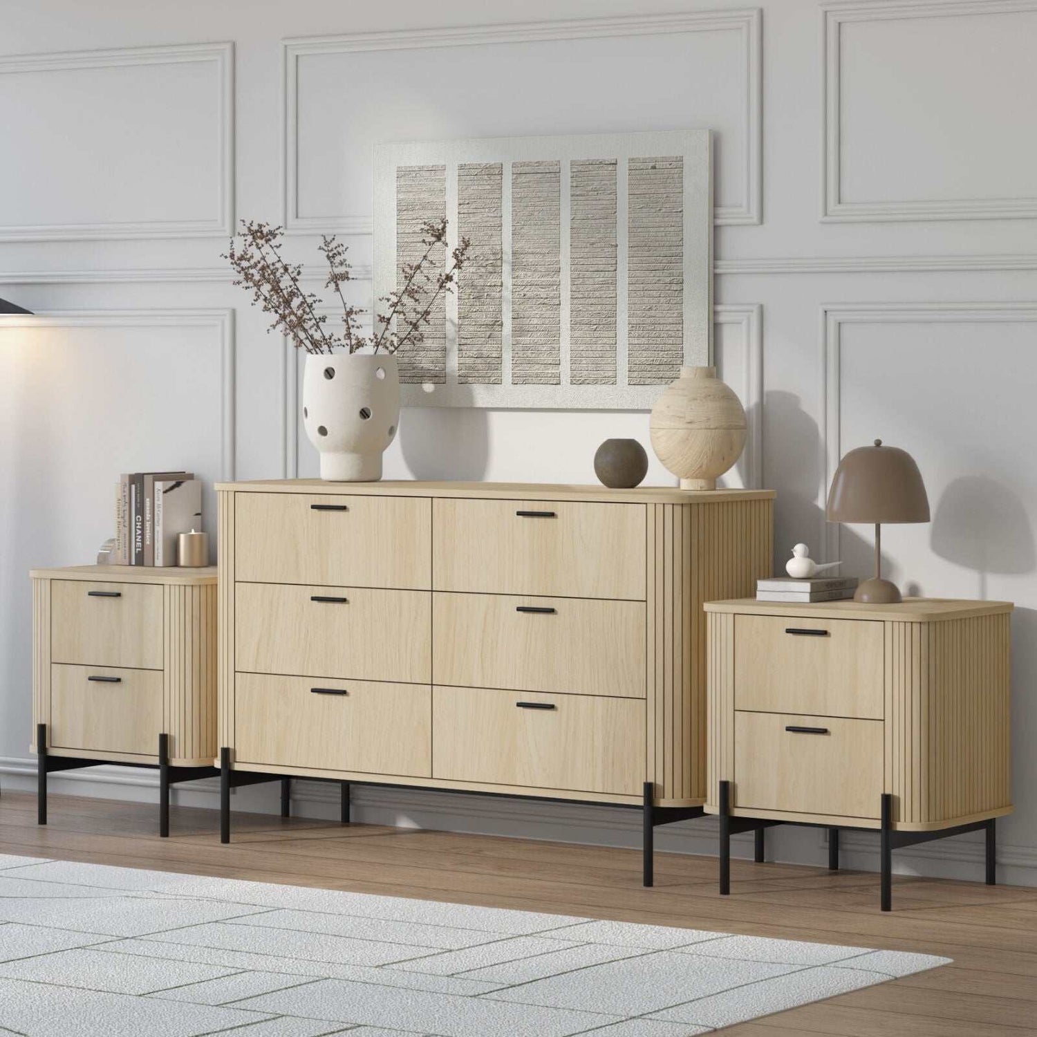 Ayla Fluted Bedroom Set – 6-Drawer Dresser & 2 Bedside Tables