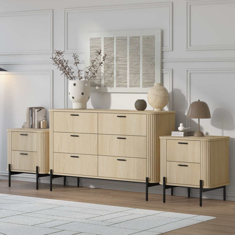 Ayla Fluted Bedroom Set – 6-Drawer Dresser & 2 Bedside Tables