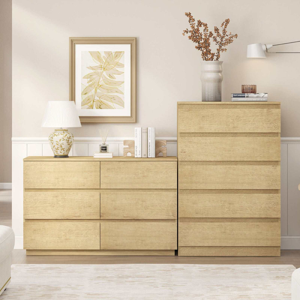 Light oak 11-drawer dresser set featuring a tallboy and lowboy in a modern, space-saving design.