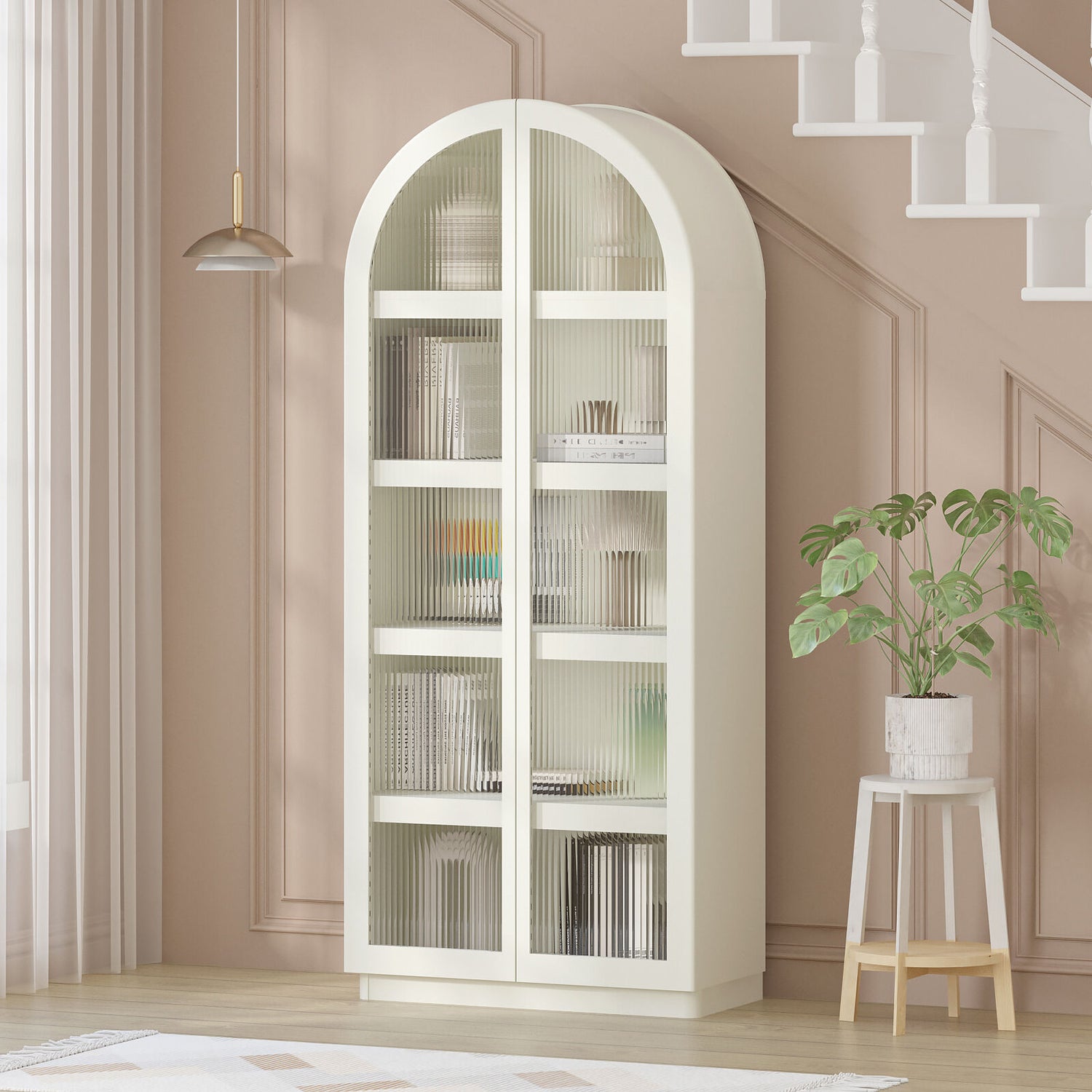 Duo Set- Sophia Ribbed Glass Door Display Cabinet With 10 Tier Shelves