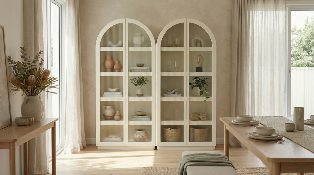 Duo Set- Sophia Ribbed Glass Door Display Cabinet With 10 Tier Shelves