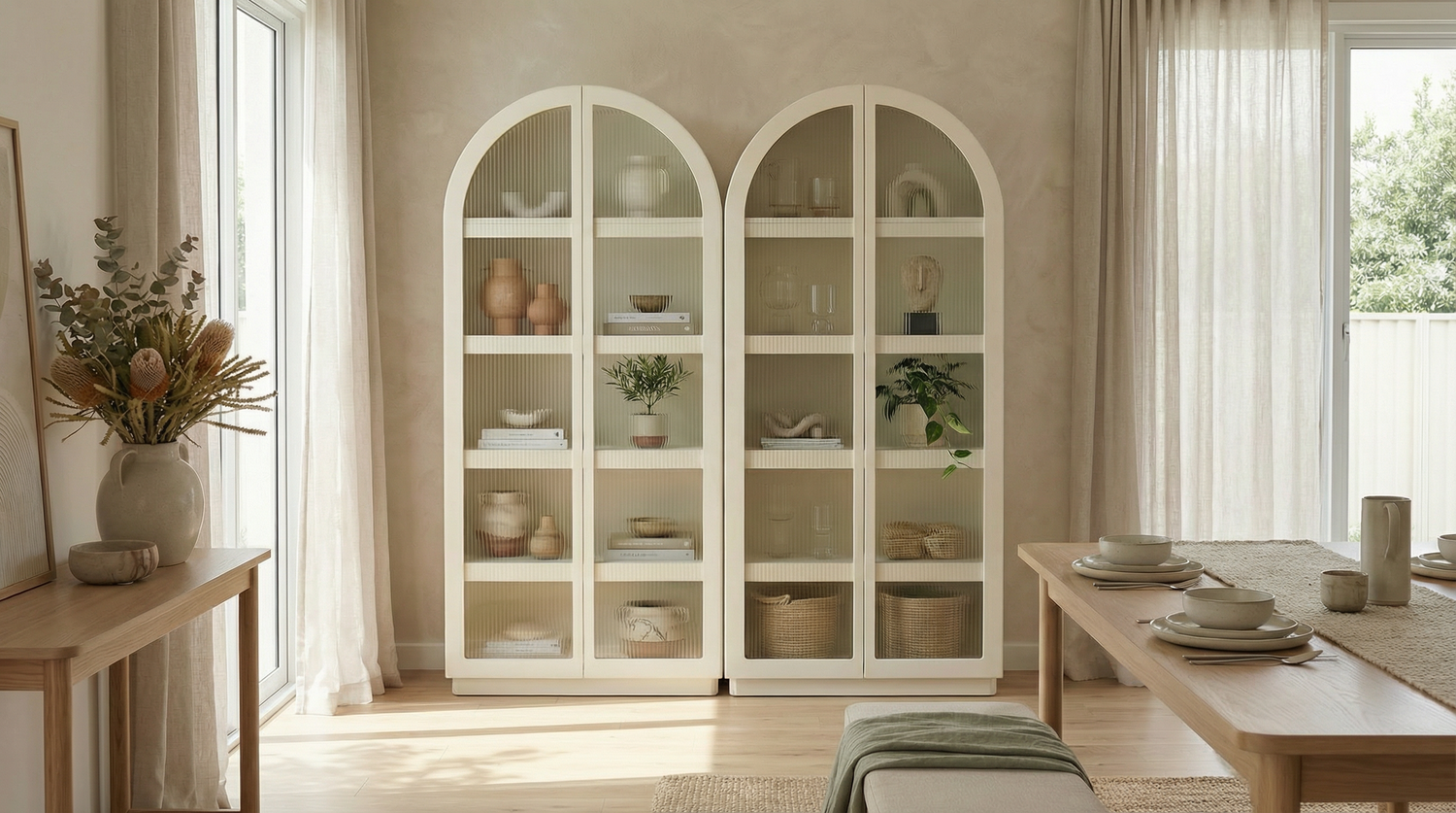 Duo Set- Sophia Ribbed Glass Door Display Cabinet With 10 Tier Shelves