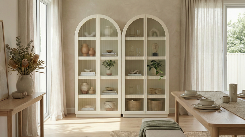Duo Set- Sophia Ribbed Glass Door Display Cabinet With 10 Tier Shelves